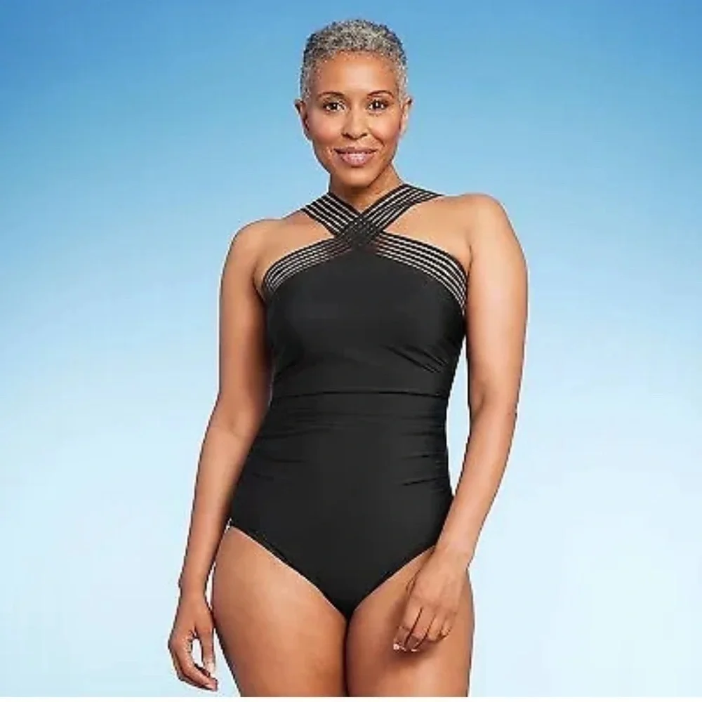 Aqua Green Black Crossover Neckline One Piece‎ Bathing Suit size Small